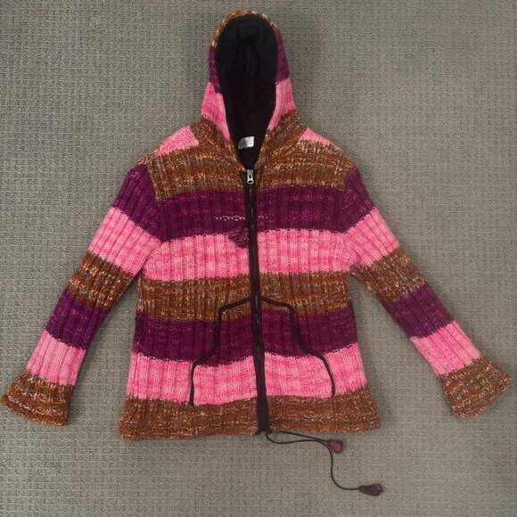 Rocky Mountain Nepal Large Zip Up Jacket Wool Knit Fleece Lined Hood Pockets Y2K - Picture 1 of 11